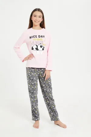 Senior Girls Pink And Grey Pyjama Set(2 Piece)