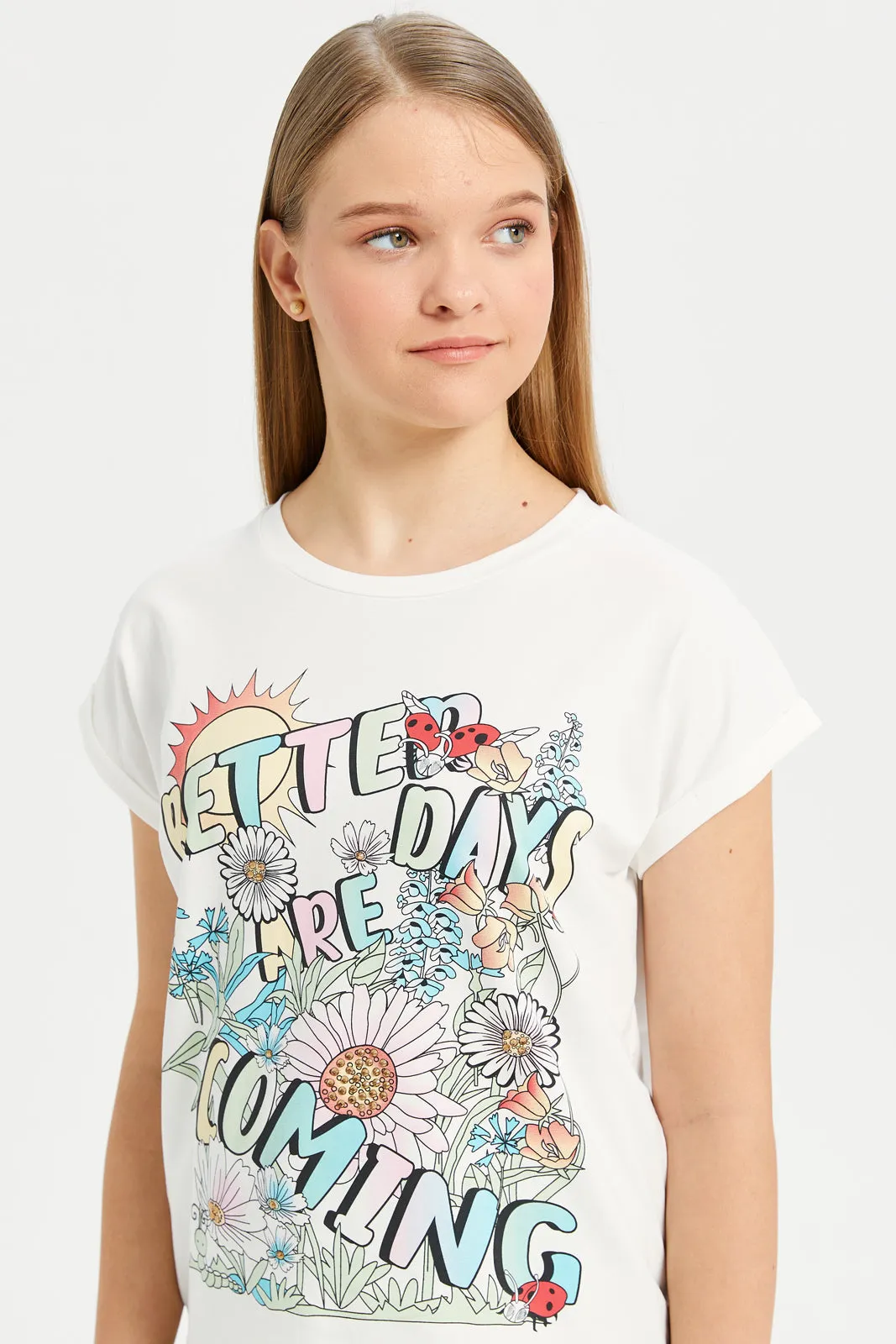 Senior Girls White Extended Sleeve Girly Print T-Shirt