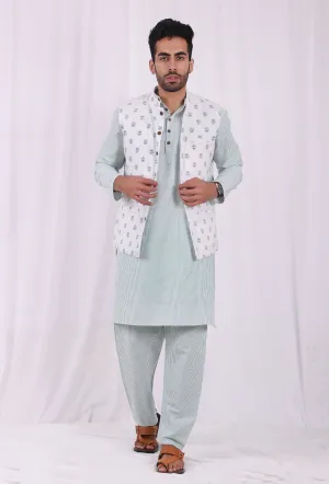 Set of 3: Green Striped Cotton Kurta and Pajama  with Green Hand Block Printed Floral Nehru Jacket