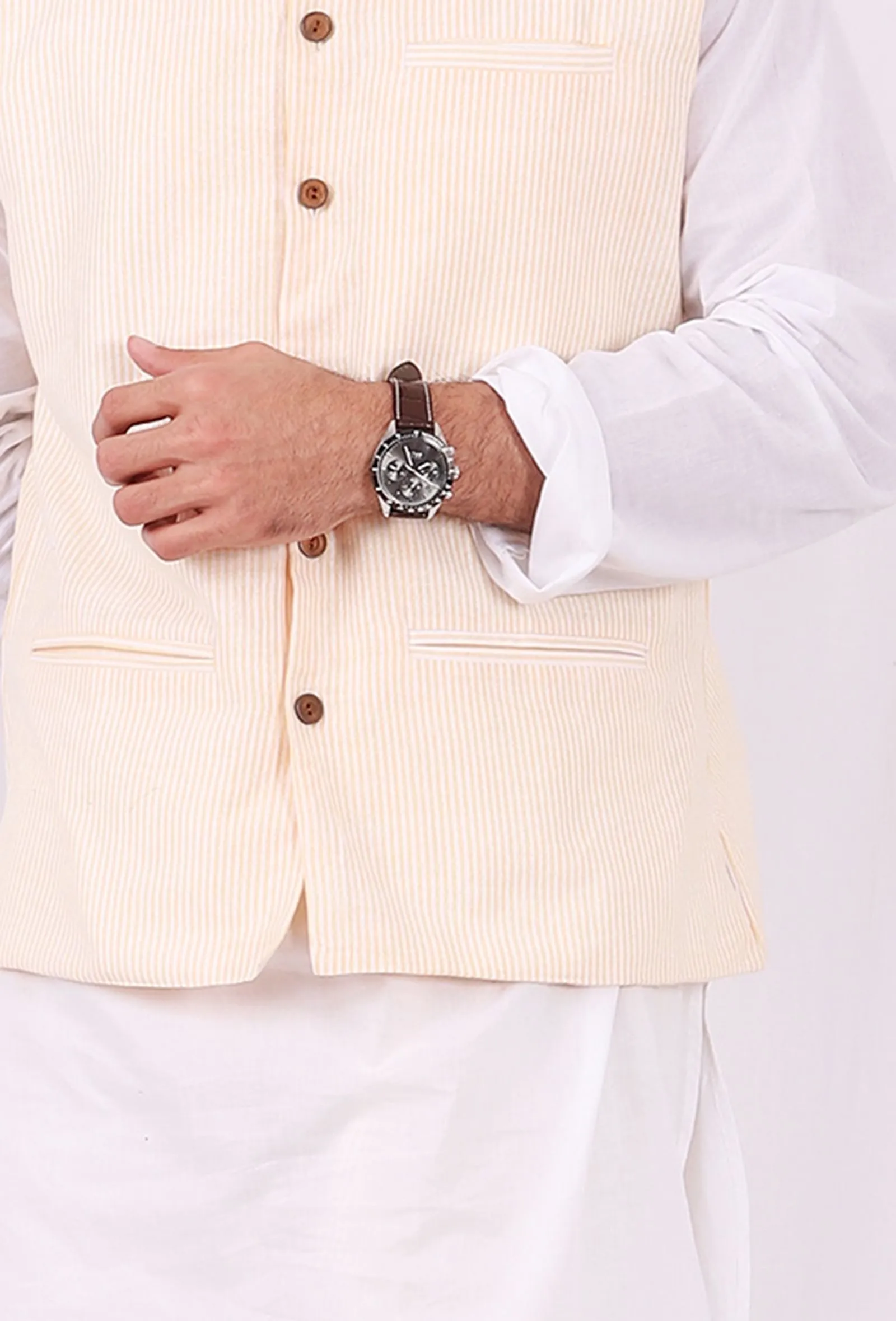 Set of 3: White Cotton kurta and Yellow Striped Pajama  with Yellow Striped Nehru Jacket