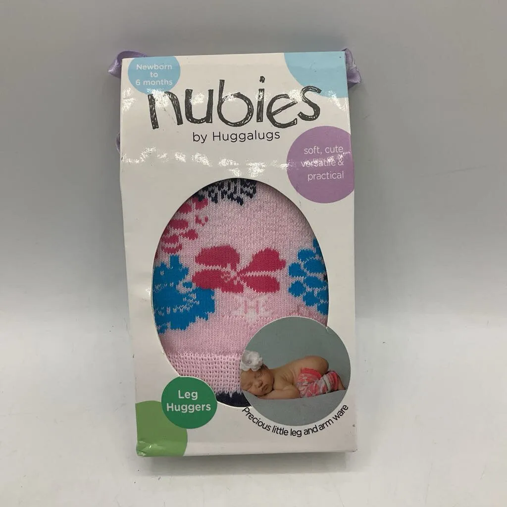 Size 0-6m: Nubies by Huggalugs Light Pink Blue/White/Pink Tropical Flowers Baby Leg Warmers NEW