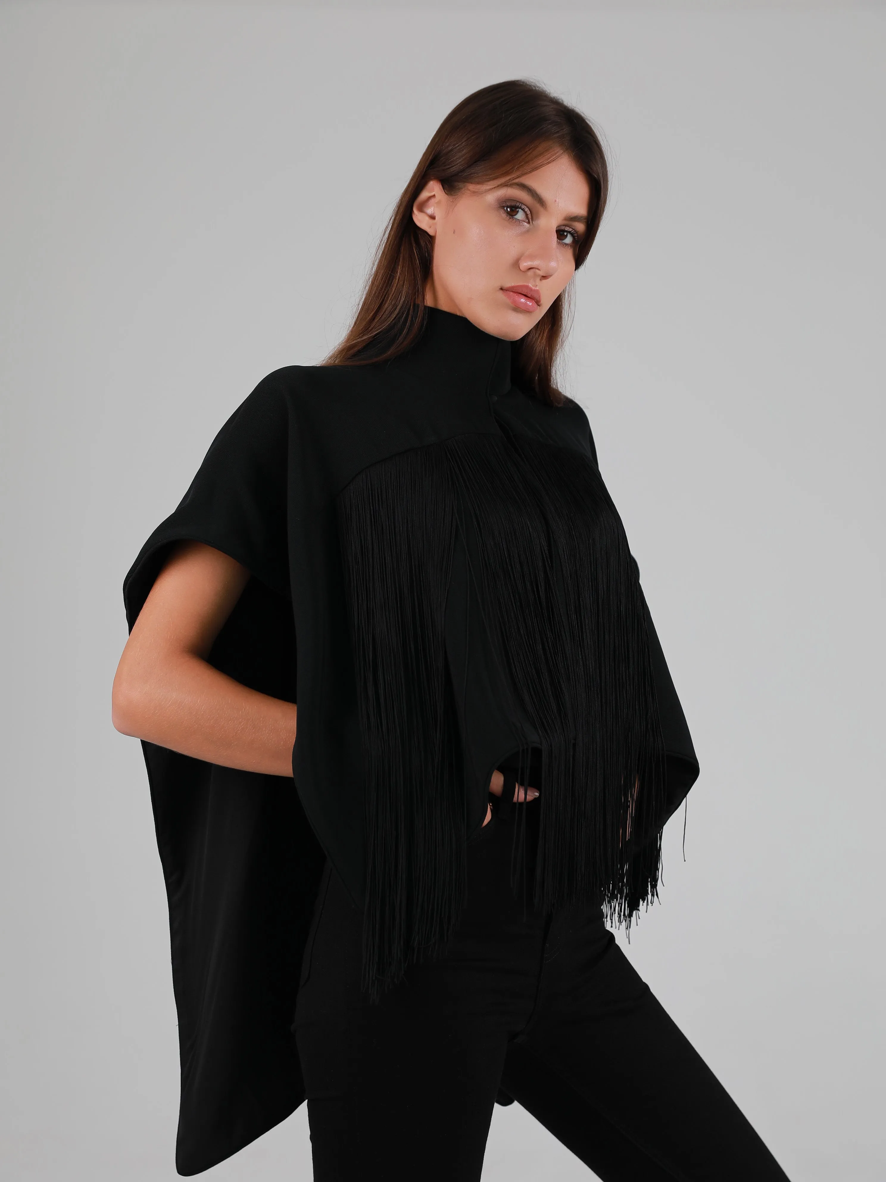 Sleeveless High Mandarin Collar Fringe Cape - Black