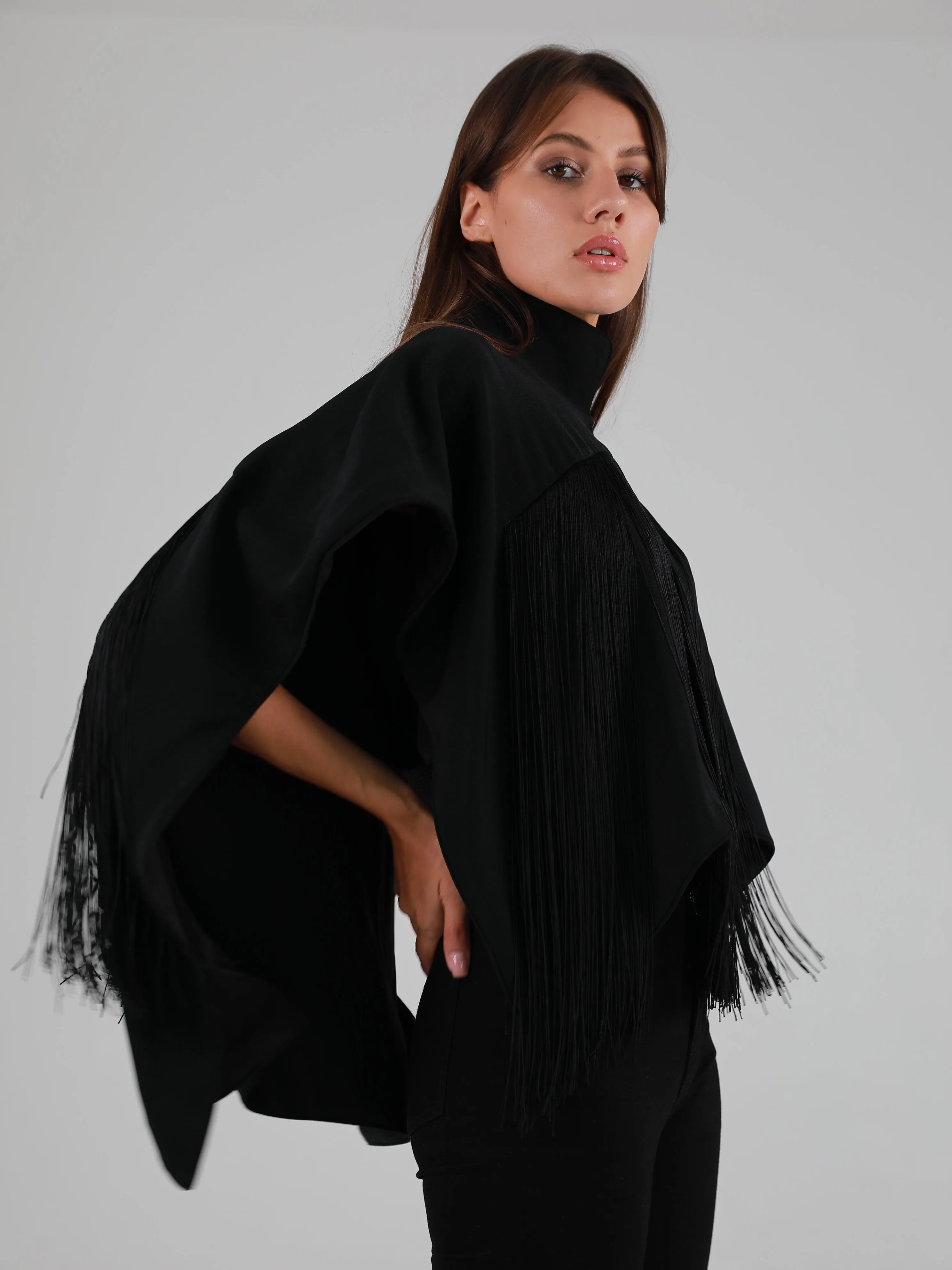 Sleeveless High Mandarin Collar Fringe Cape - Black