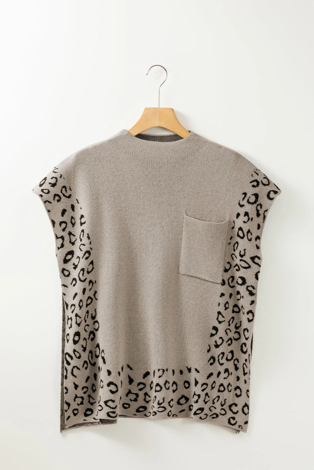 Smoke Gray Leopard Splicing Side Slit Short Sleeve Sweater