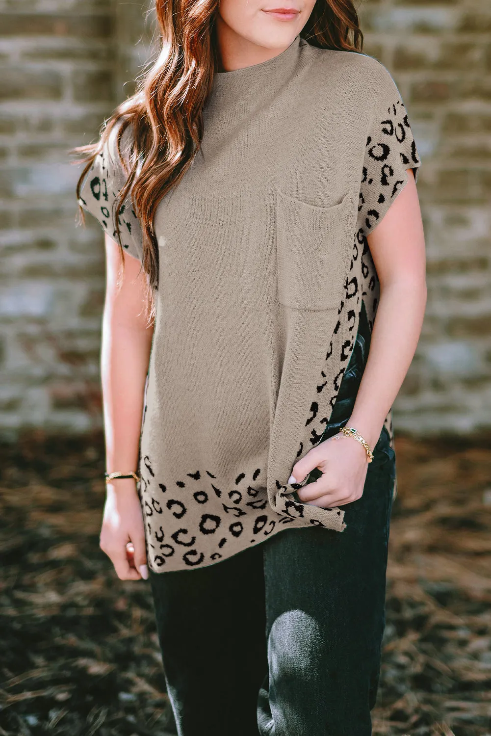 Smoke Gray Leopard Splicing Side Slit Short Sleeve Sweater