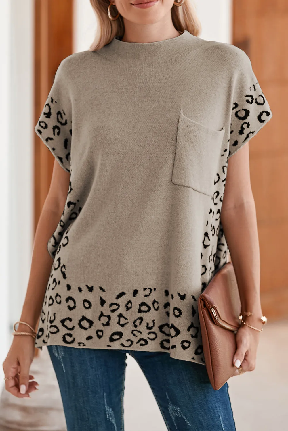 Smoke Gray Leopard Splicing Side Slit Short Sleeve Sweater