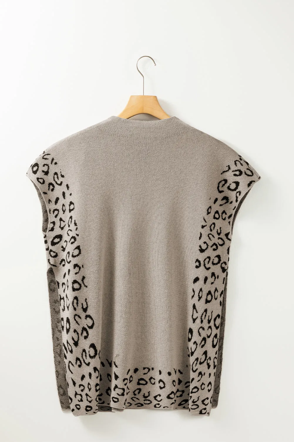 Smoke Gray Leopard Splicing Side Slit Short Sleeve Sweater