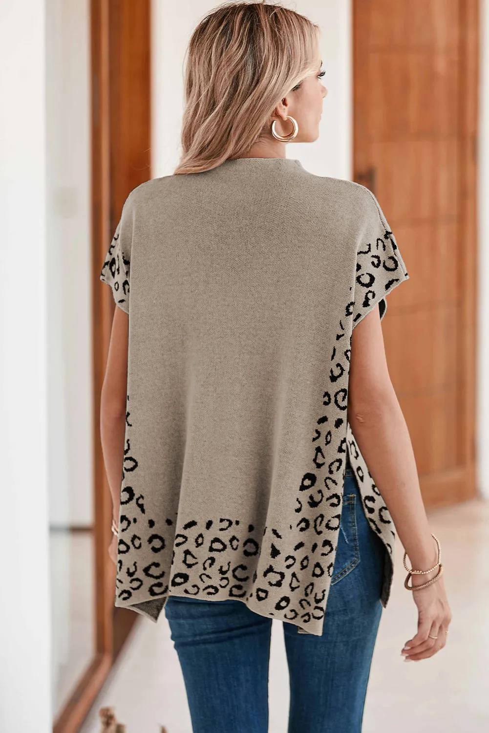 Smoke Gray Leopard Splicing Side Slit Short Sleeve Sweater