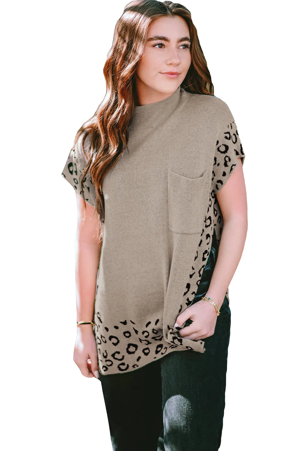 Smoke Gray Leopard Splicing Side Slit Short Sleeve Sweater