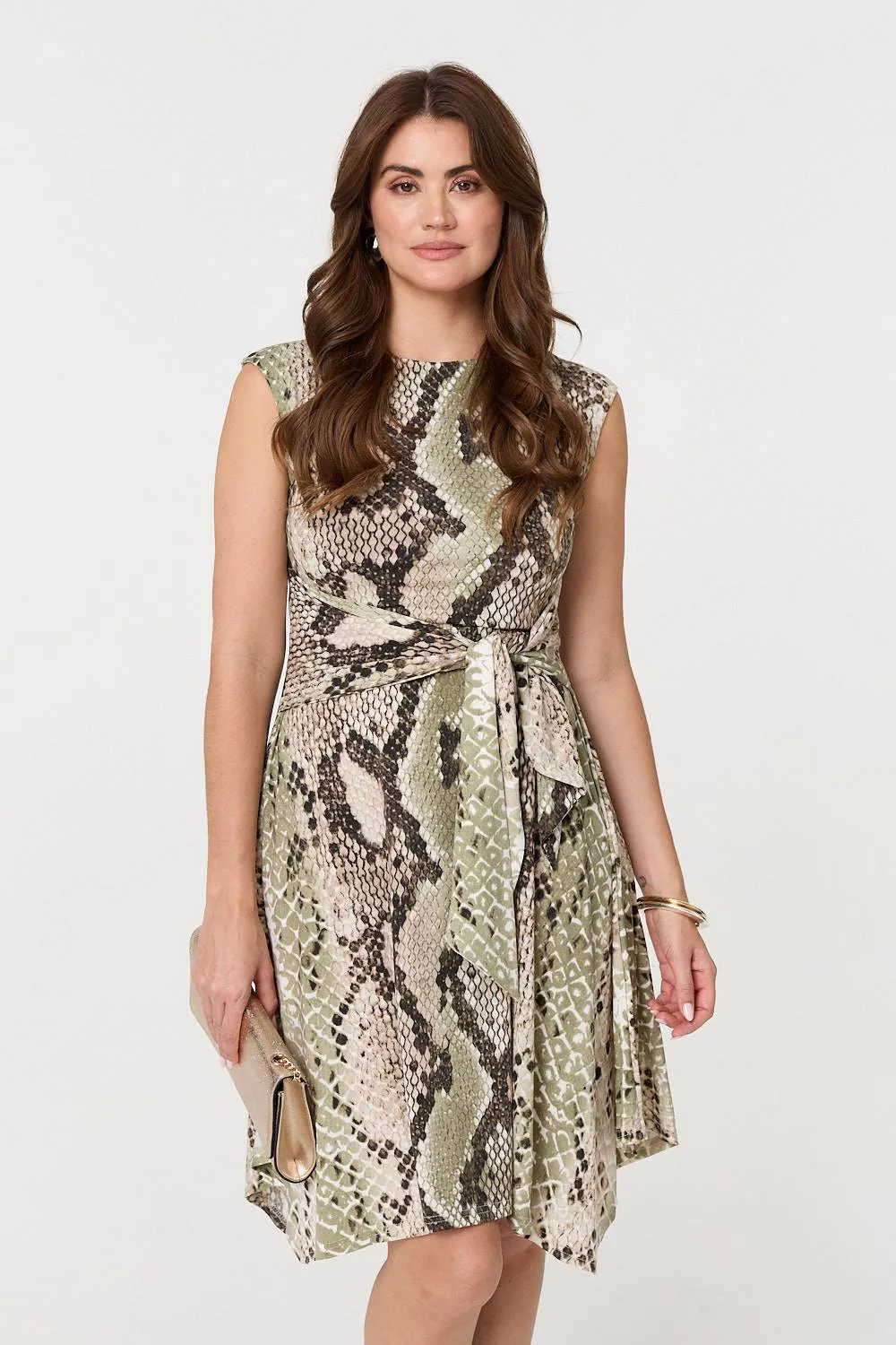 Snake Print Boat Neck Hanky Hem Short Dress