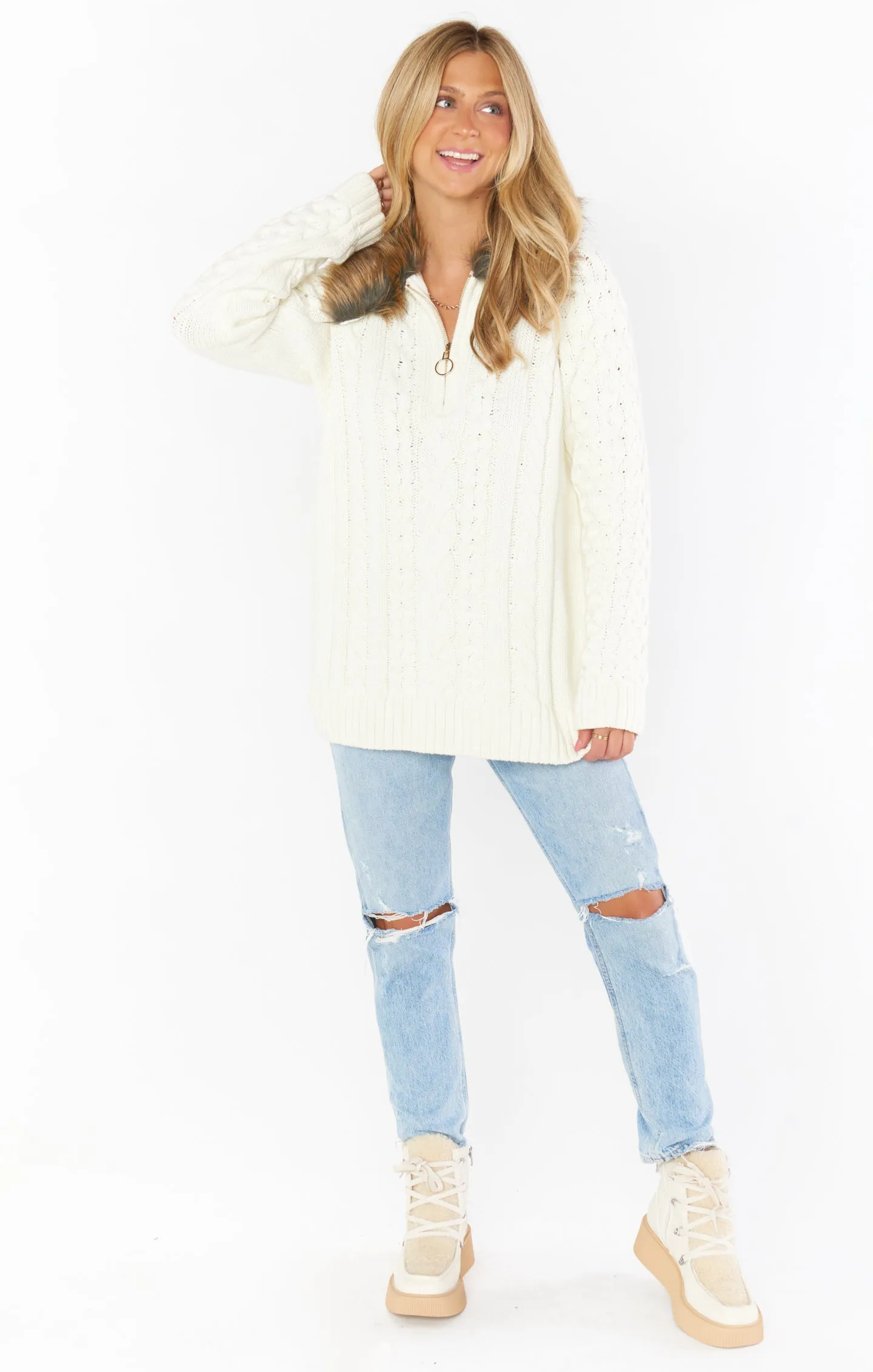 Sun Valley Pullover ~ Cream Cable Knit with Faux Fur