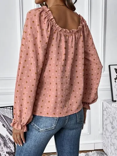 Swiss Dot Square Neck Flounce Sleeve Blouse