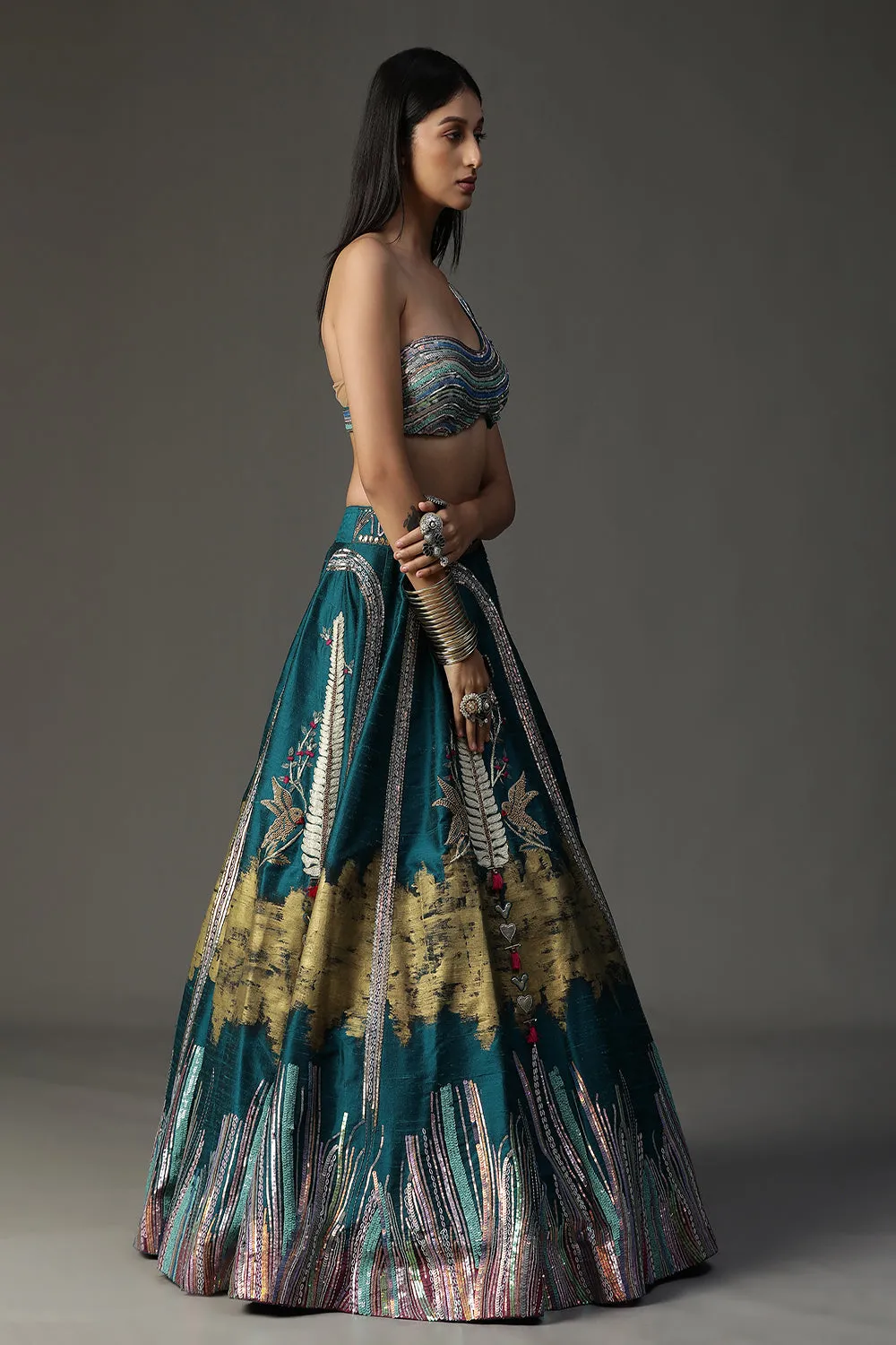 Teal Blue Handpainted Lehenga Set