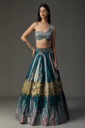 Teal Blue Handpainted Lehenga Set