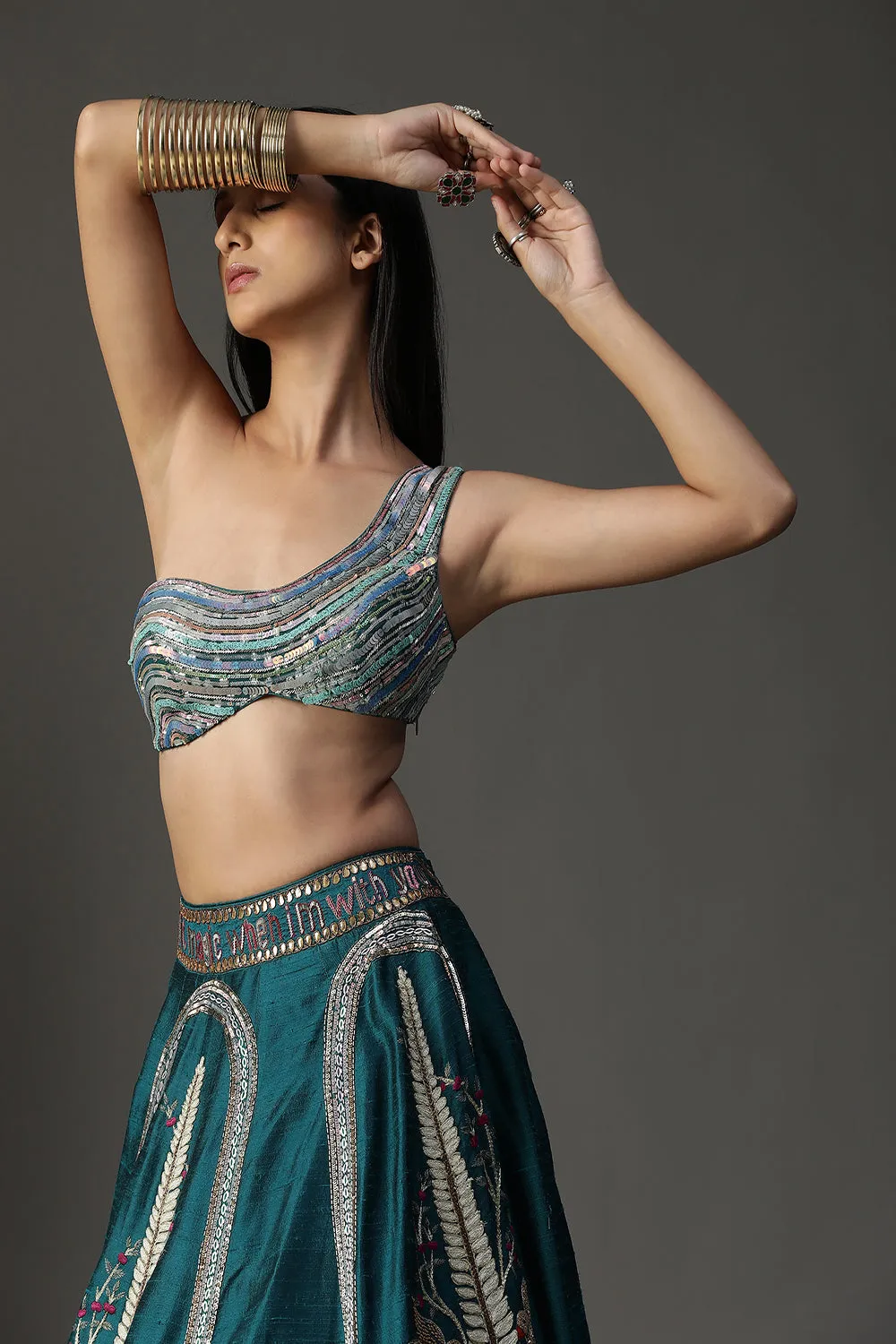 Teal Blue Handpainted Lehenga Set