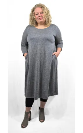 Tencel/Merino 3/4 Sleeve Long Tunic Dress w Pockets - Charcoal  L-3XL