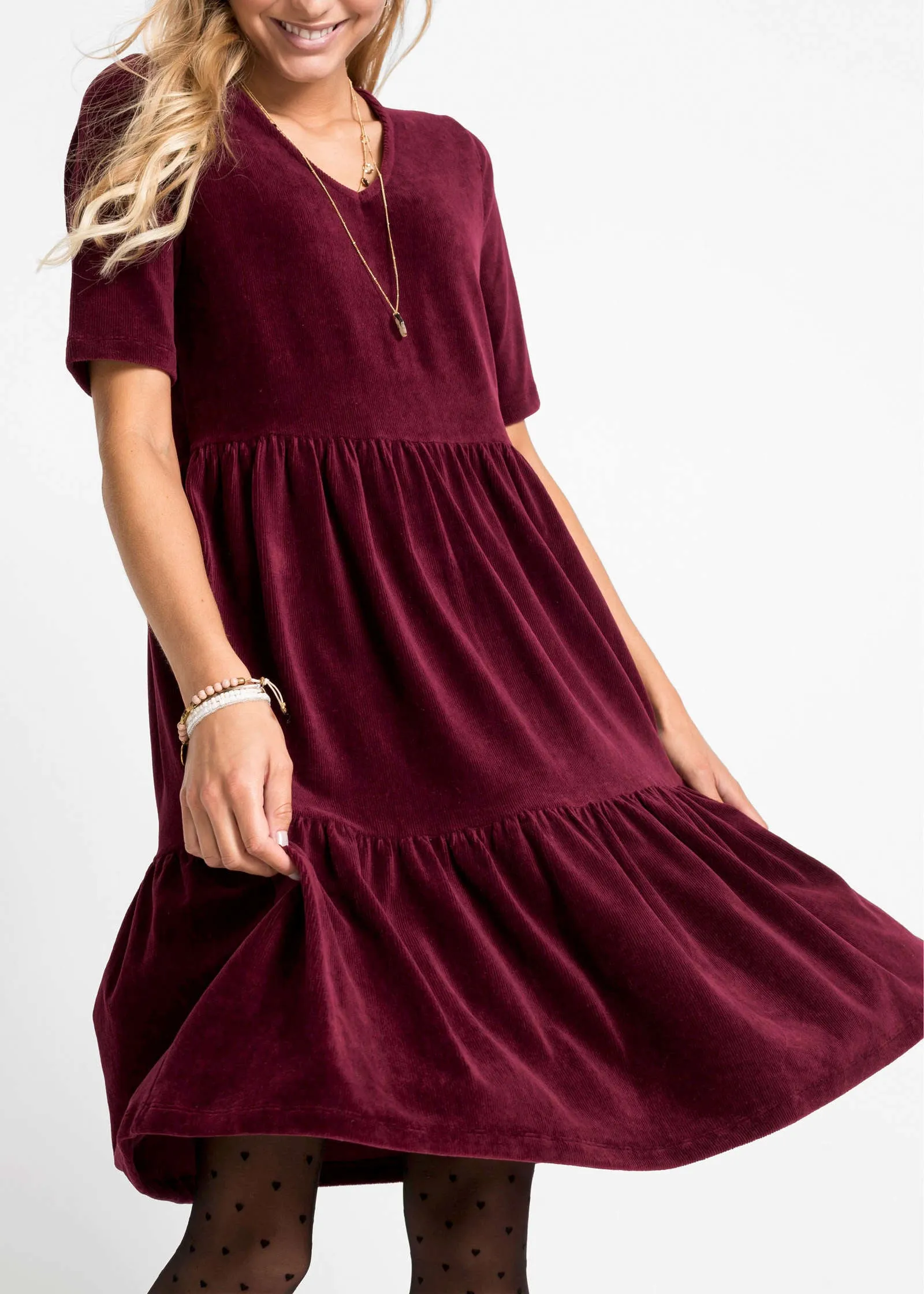 Tiered V-Neck Dress - Dark Red