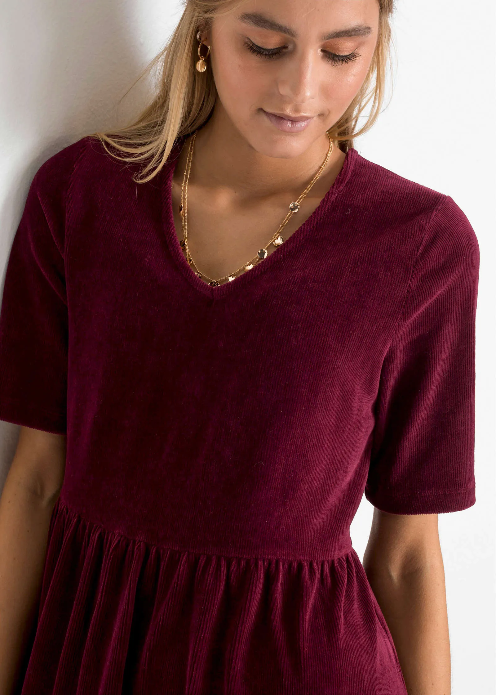 Tiered V-Neck Dress - Dark Red