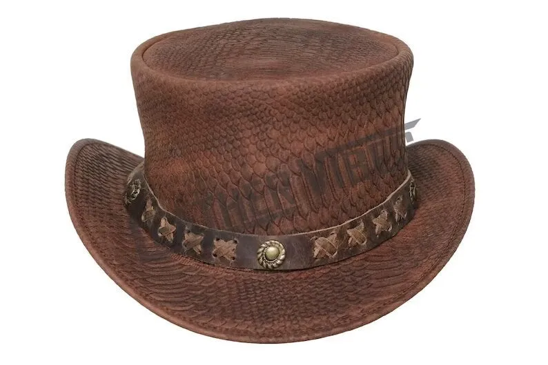 Top Hat-Snake Plated Distress Brown Leather hat,Leather Top Hat, Gothic Top Hat, Mens Top Hat,Steampunk Top Hat,Custom Top Hat