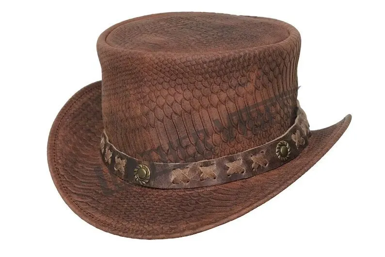 Top Hat-Snake Plated Distress Brown Leather hat,Leather Top Hat, Gothic Top Hat, Mens Top Hat,Steampunk Top Hat,Custom Top Hat