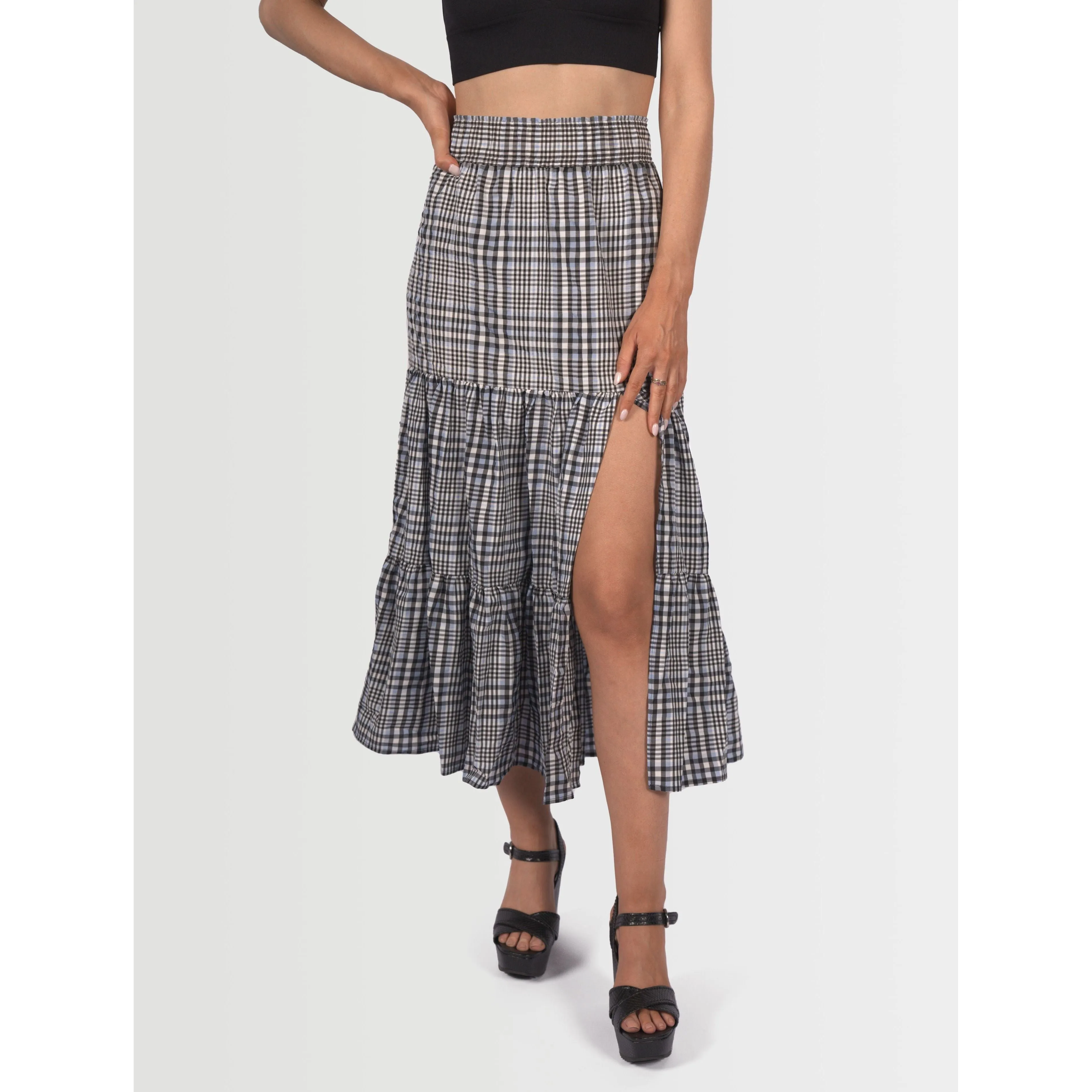 Topshop Women's Gingham Split Midi Skirt - Black, White & Blue