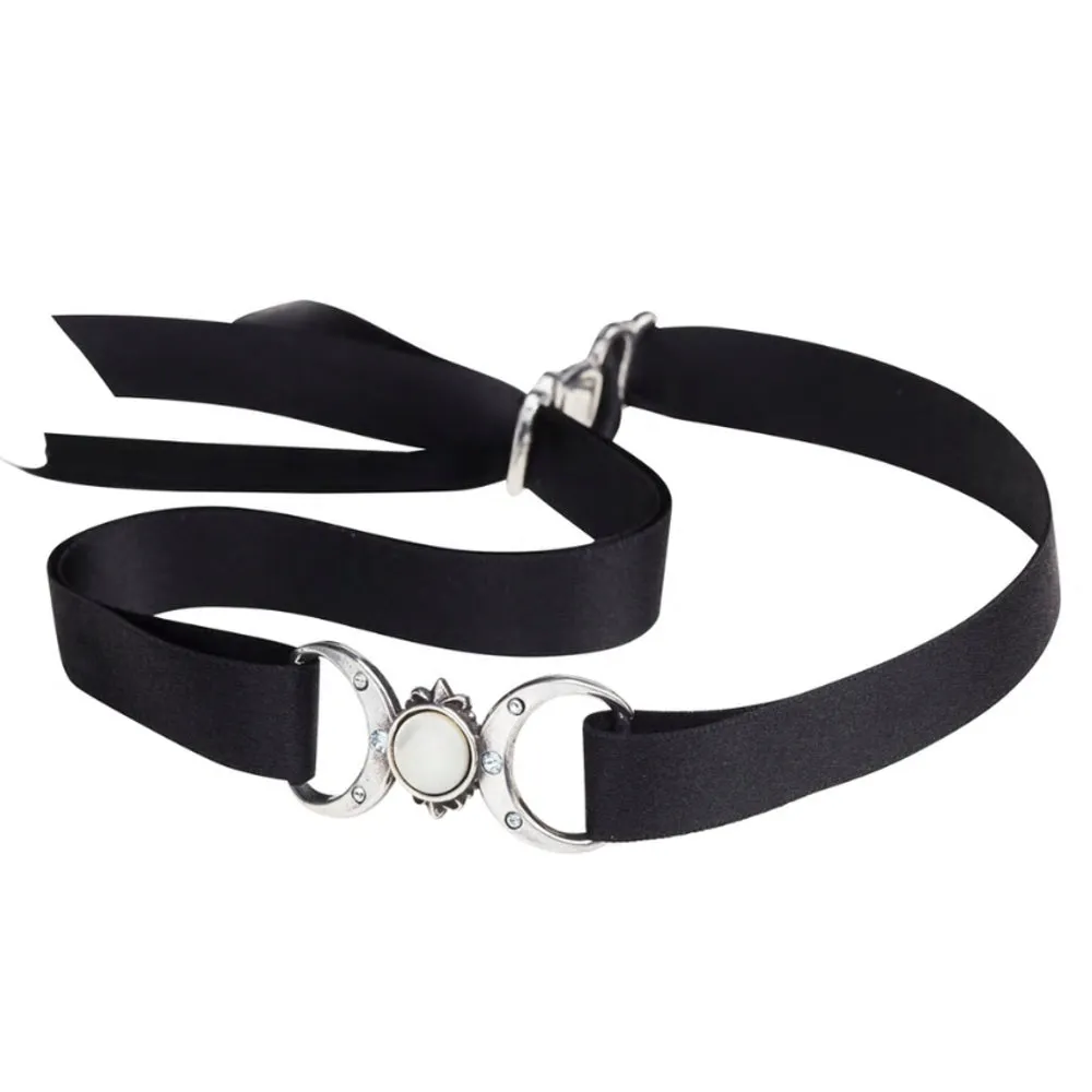 Triple Goddess Moon Pearl Ribbon Choker by Alchemy Gothic