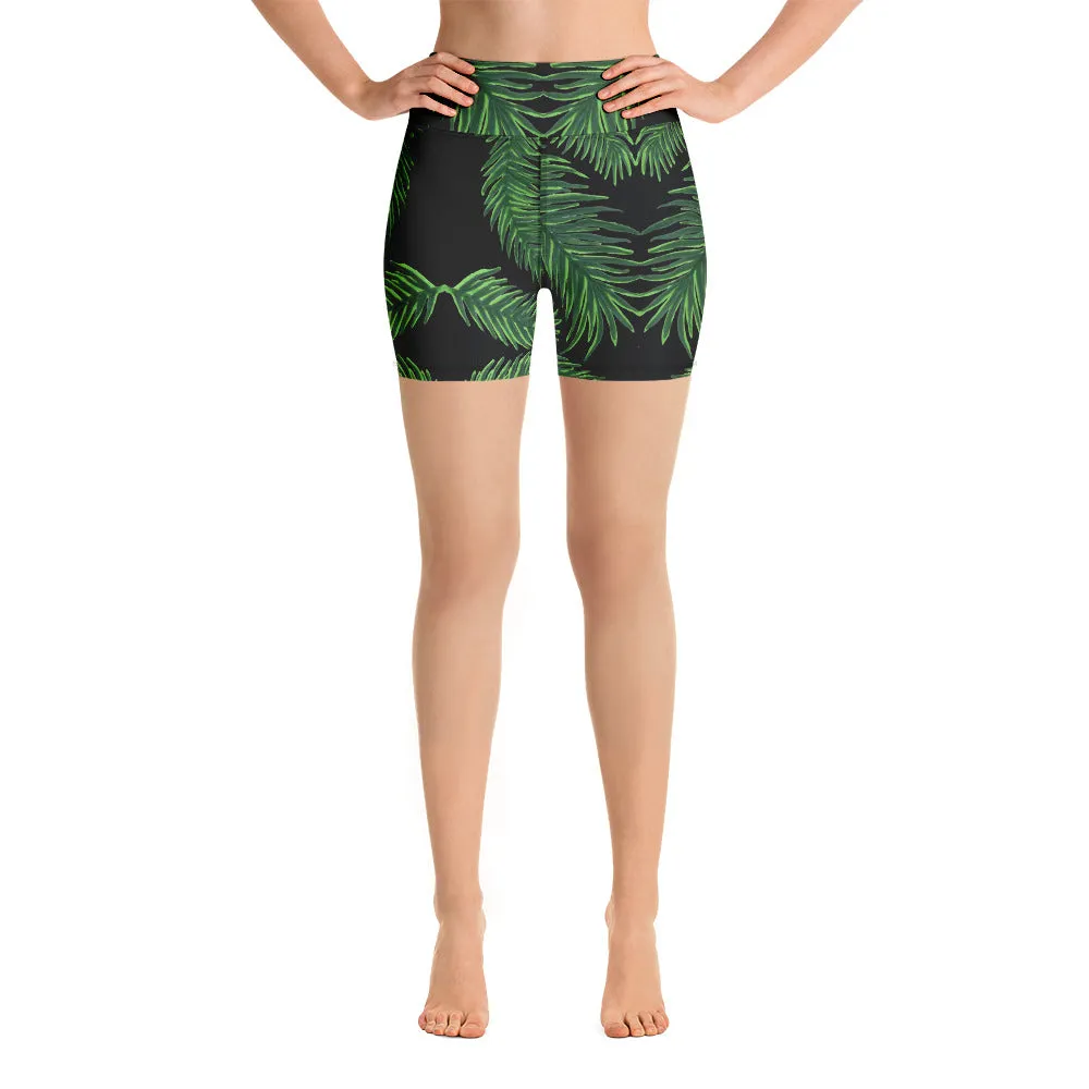 Tropical Leaf Print Yoga Shorts, Hawaiian-Style Women's Elastic Short Tights-Made in USA/EU