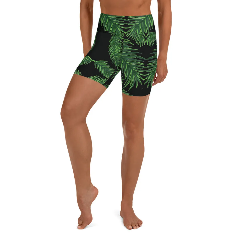 Tropical Leaf Print Yoga Shorts, Hawaiian-Style Women's Elastic Short Tights-Made in USA/EU