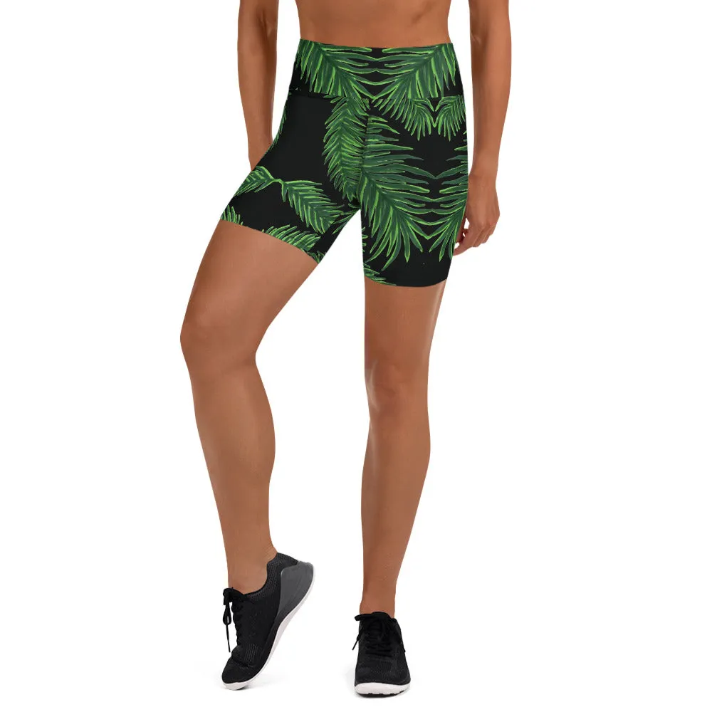 Tropical Leaf Print Yoga Shorts, Hawaiian-Style Women's Elastic Short Tights-Made in USA/EU