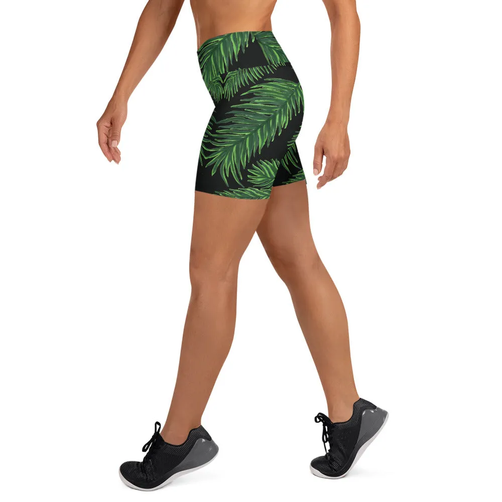 Tropical Leaf Print Yoga Shorts, Hawaiian-Style Women's Elastic Short Tights-Made in USA/EU