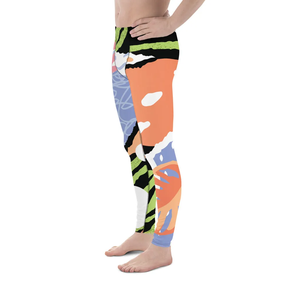 Tropical Meggings, Green Tiger Stripe Leaf Print Summer Men's Leggings-Made in USA/EU