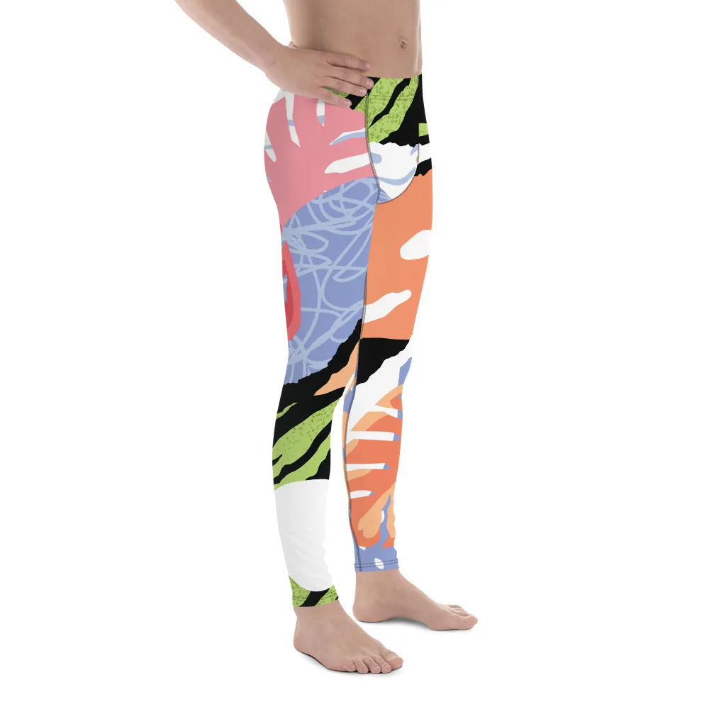 Tropical Meggings, Green Tiger Stripe Leaf Print Summer Men's Leggings-Made in USA/EU