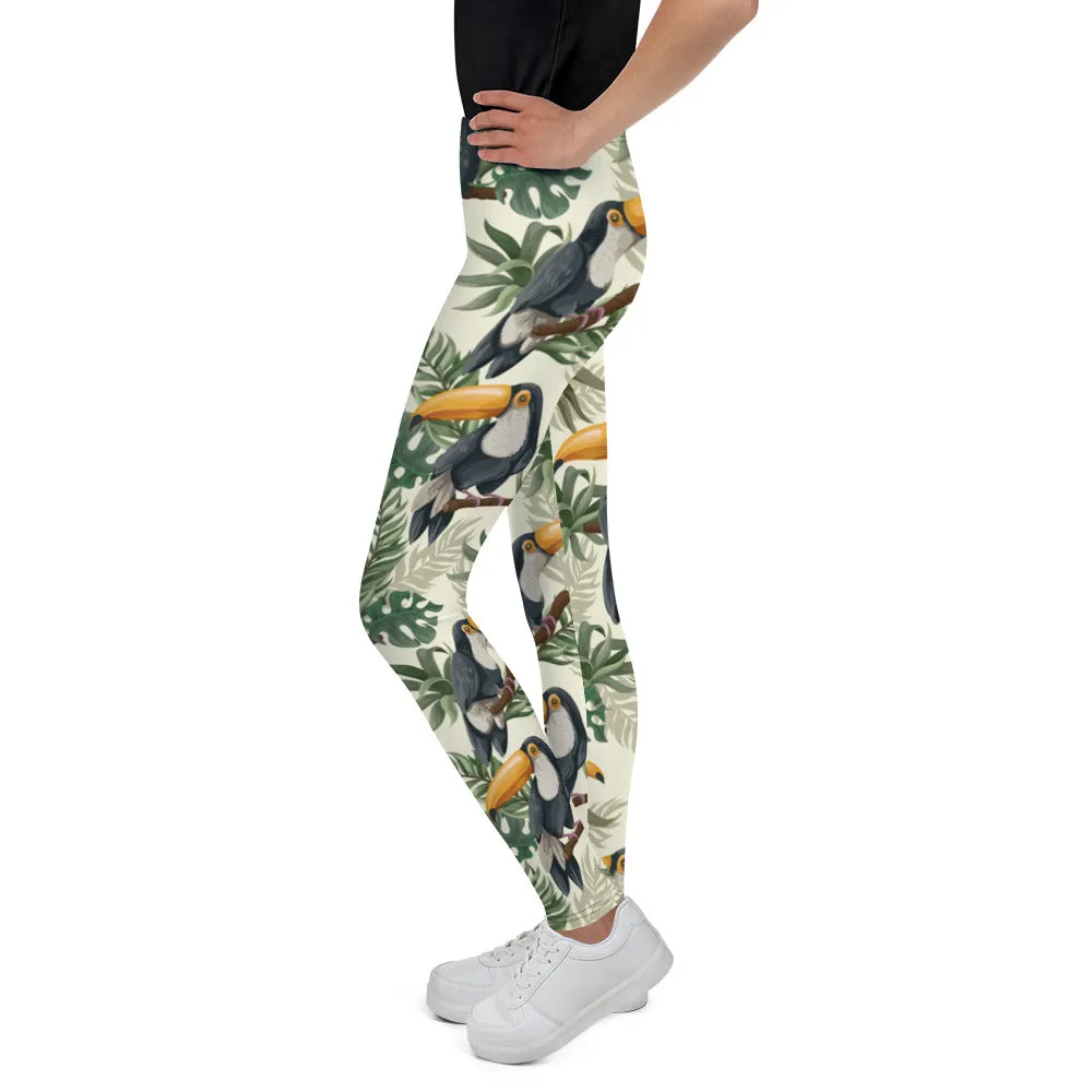 Tropical Toucan Girls Leggings (8-20), Green Bird Youth Teen Cute Printed Kids Yoga Tween Pants Graphic Fun Tights Gift Daughter 