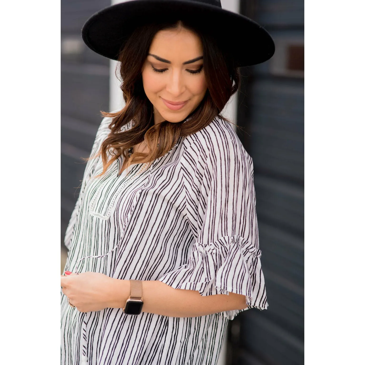 Vertical Striped Flutter Sleeve Tie Blouse