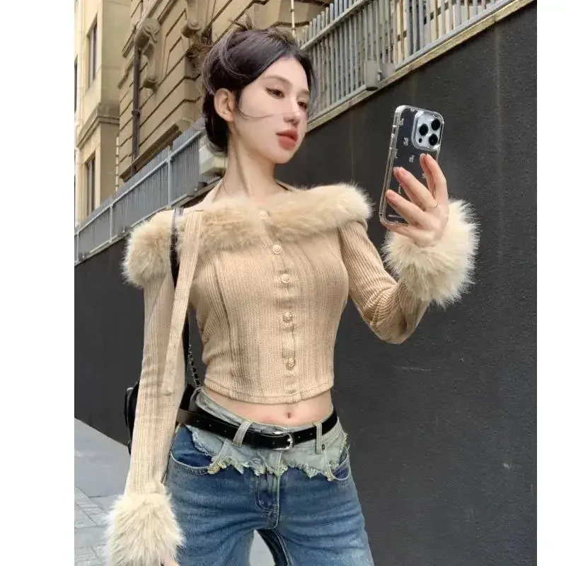 Vevesc Fur Collar Off Shoulder Halter Tops Mujer Y2k Slim Fit Long Sleeve Cardigan Autumn Winter New Bottoming Sweaters