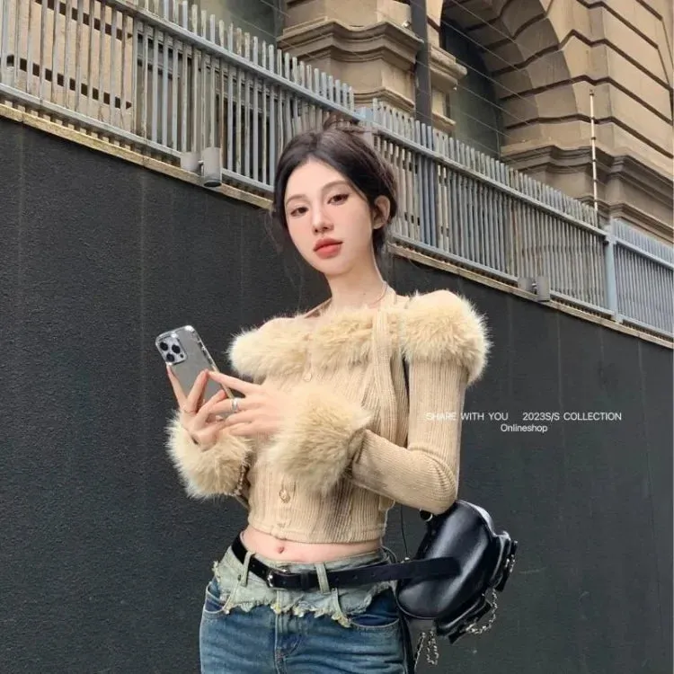 Vevesc Fur Collar Off Shoulder Halter Tops Mujer Y2k Slim Fit Long Sleeve Cardigan Autumn Winter New Bottoming Sweaters