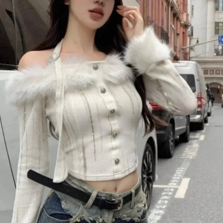 Vevesc Fur Collar Off Shoulder Halter Tops Mujer Y2k Slim Fit Long Sleeve Cardigan Autumn Winter New Bottoming Sweaters