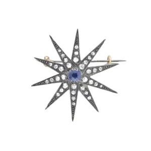 Victorian 14k/Sterling Diamond   Sapphire Starburst Pin