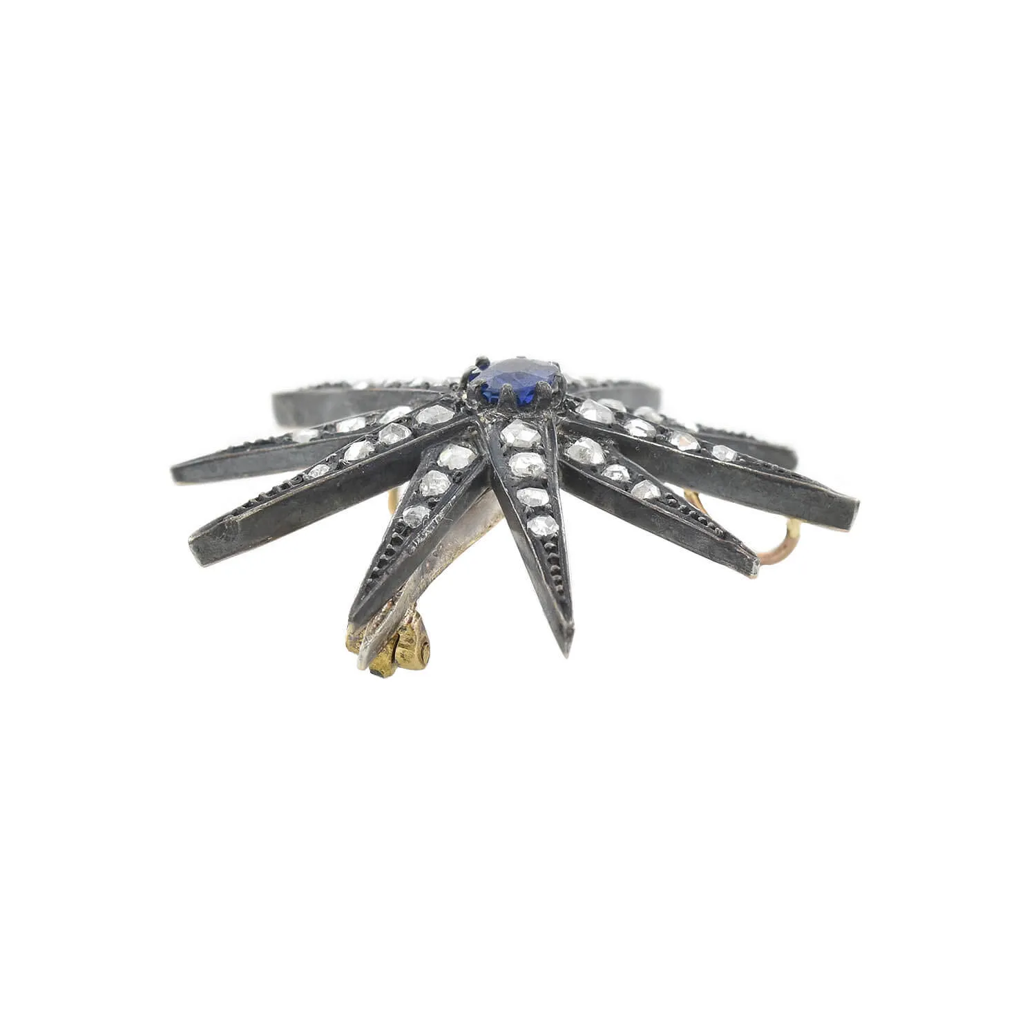 Victorian 14k/Sterling Diamond   Sapphire Starburst Pin