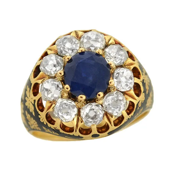 Victorian 18kt Sapphire & Diamond Enameled Cluster Ring 1.25ct center