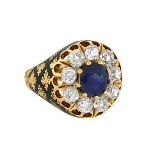 Victorian 18kt Sapphire & Diamond Enameled Cluster Ring 1.25ct center