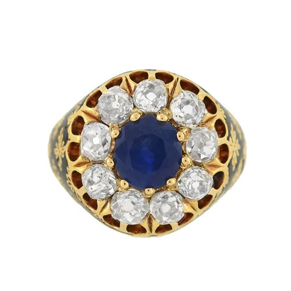 Victorian 18kt Sapphire & Diamond Enameled Cluster Ring 1.25ct center