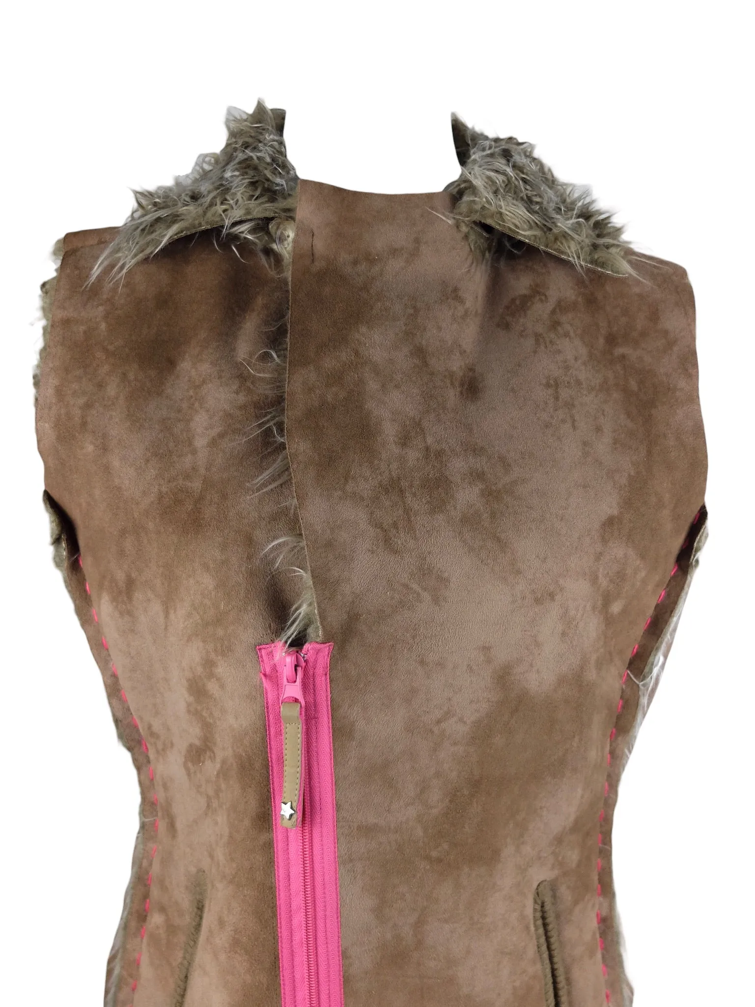 Vintage 2000s Y2K Preppy Faux Fur & Faux Suede Asymmetrical Zip Up Waistcoat Vest with Back Embroidered Detail | Size L