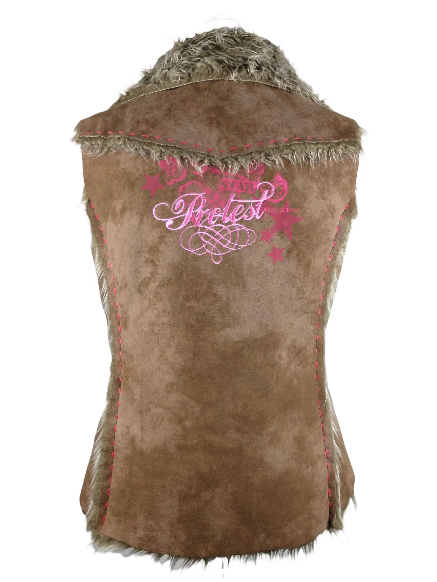 Vintage 2000s Y2K Preppy Faux Fur & Faux Suede Asymmetrical Zip Up Waistcoat Vest with Back Embroidered Detail | Size L