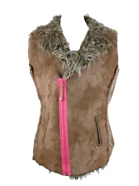 Vintage 2000s Y2K Preppy Faux Fur & Faux Suede Asymmetrical Zip Up Waistcoat Vest with Back Embroidered Detail | Size L