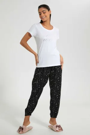 White And Black Love Pyjama Set (2 Piece)