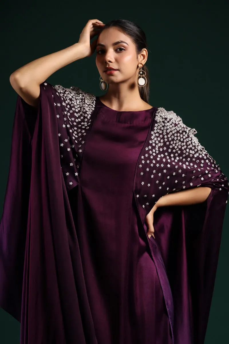 Wine Embellished Draped Gown