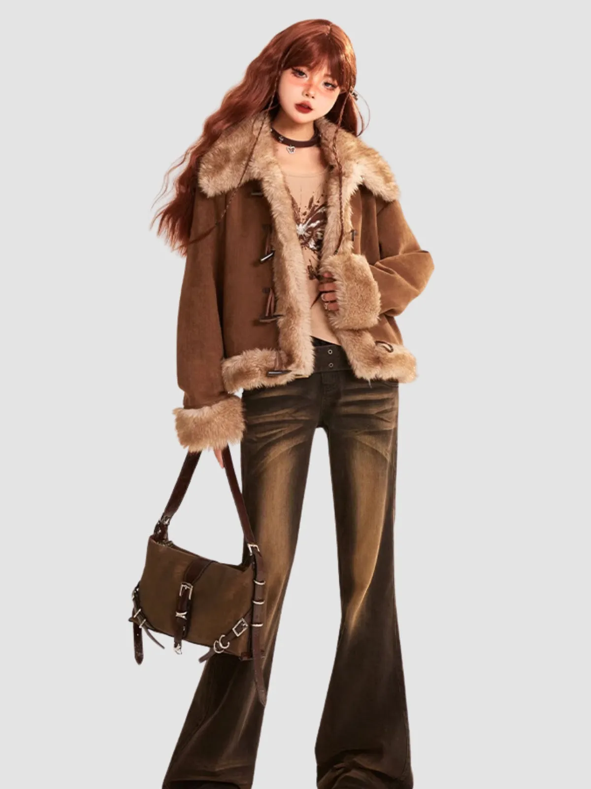 WLS Loose Plush Fur Collar Suede Jacket