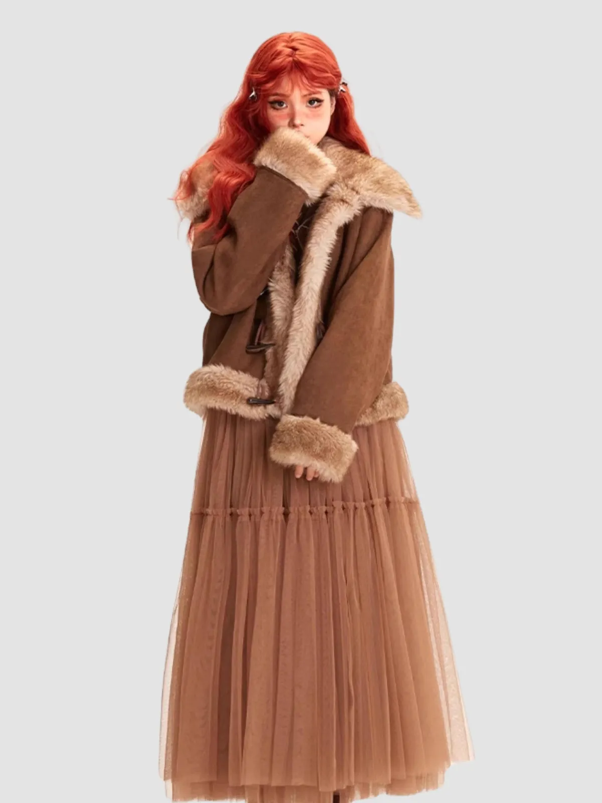 WLS Loose Plush Fur Collar Suede Jacket