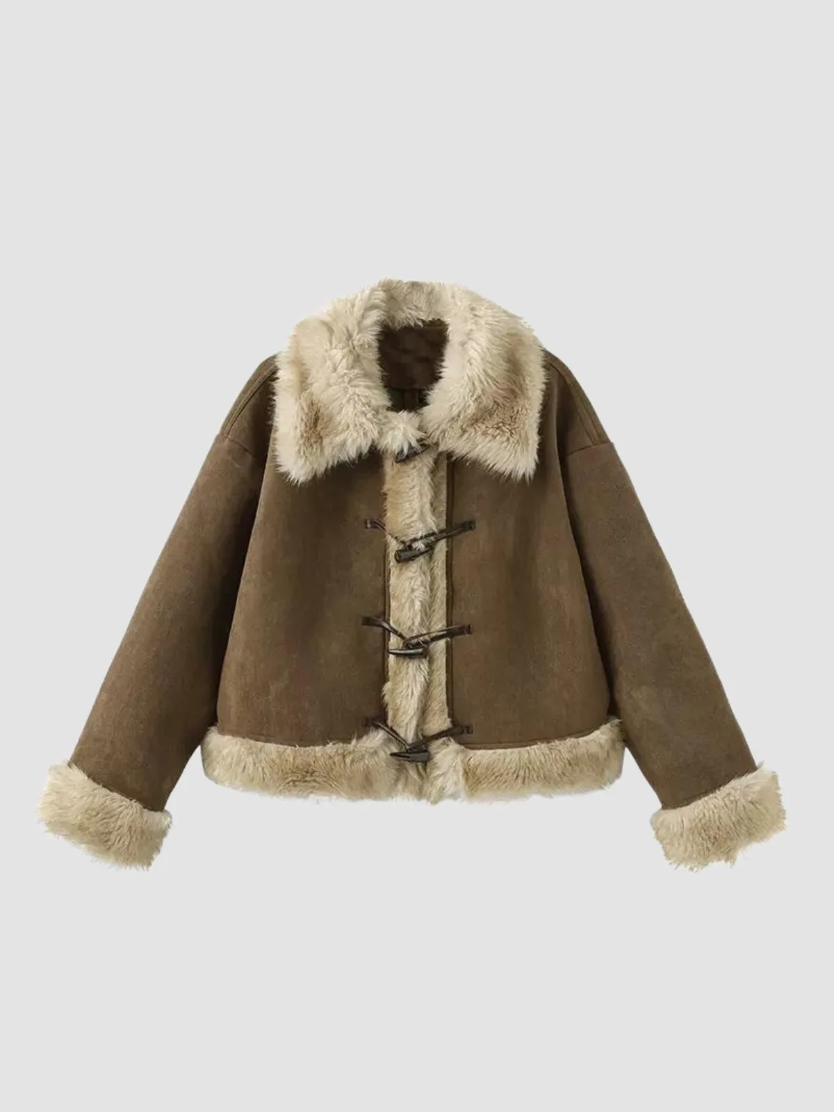 WLS Loose Plush Fur Collar Suede Jacket